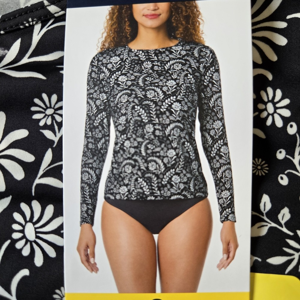 Lands' End UPF 50 Swim Top Rash Guard Floral Black Long Sleeve Small NWT